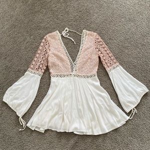 Selfie Leslie Long Sleeve Pink and White Flowy Dress